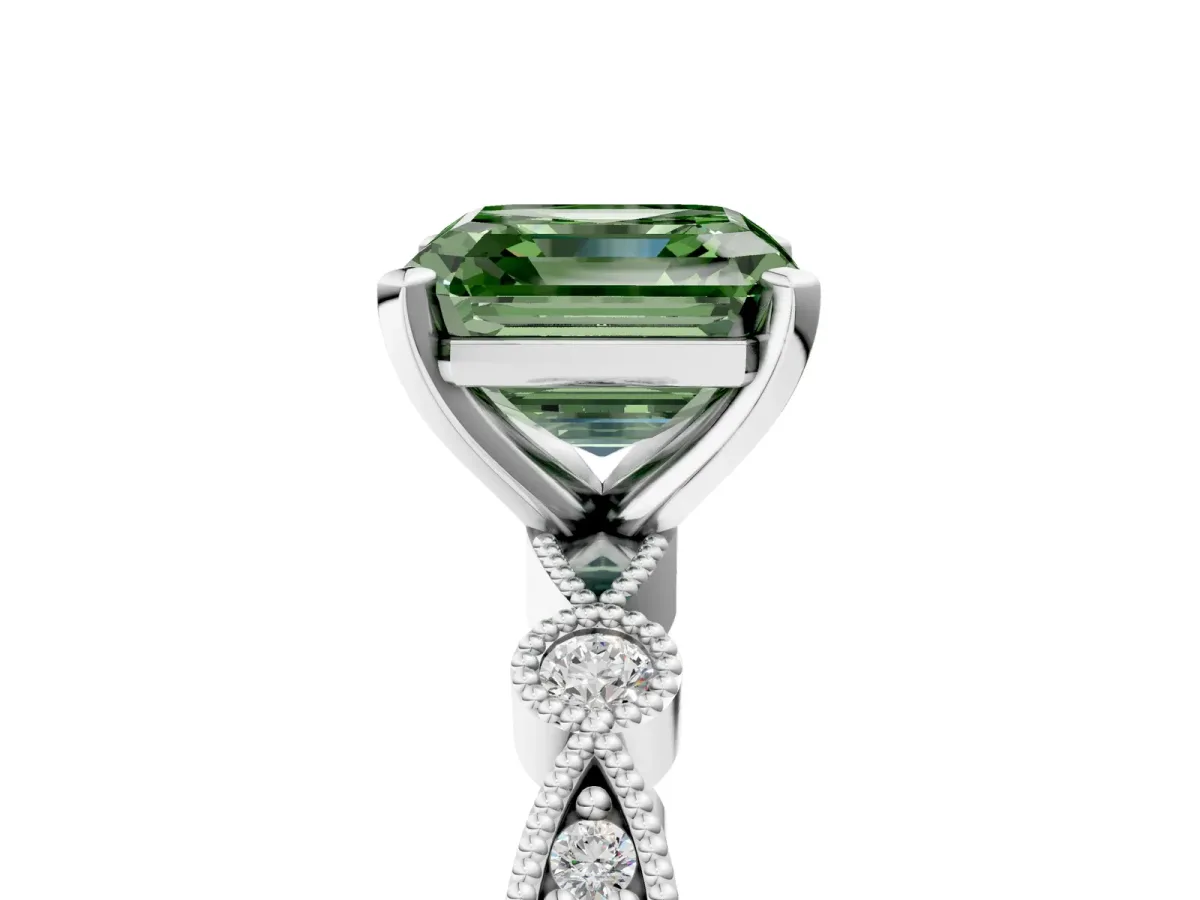 Fancy Green Asscher Cut Milgrain Bezel Diamond Engagement Ring with Solitaire Prong Setting Platinum