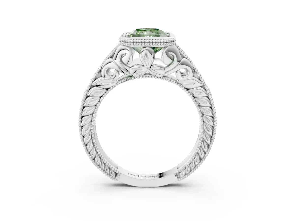 Fancy Green Bezel Set Radiant Cut Diamond Milgrain Pave Engagement Ring Platinum