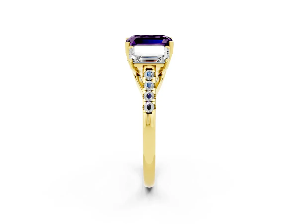 Three-Stone Emerald Cut Amethyst Ring with Round Pavé Band and Prong Setting Yellow gold