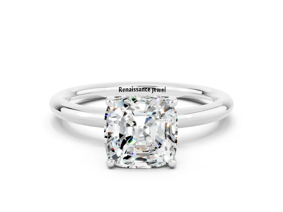 Cushion Cut Moissanite Solitaire Ring with Thin Band and Four-Prong Setting Platinum