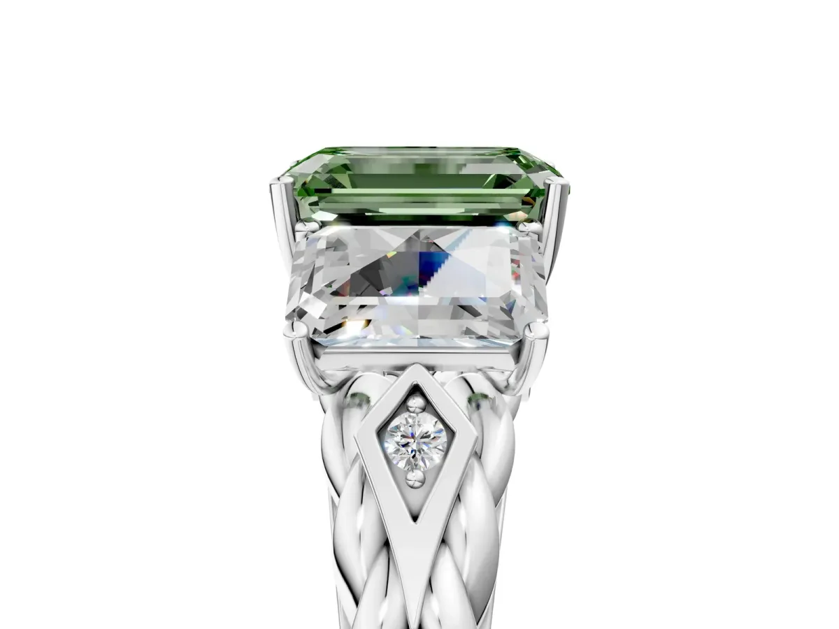 Fancy Green Three-Stone Emerald Cut Diamond Braided Band Ring with Four-Prong Setting Silver