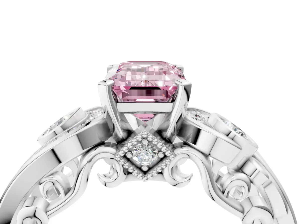 Fancy Pink Emerald Cut Diamond Solitaire Ring with Milgrain Pavé Band and Four-Prong Setting Silver