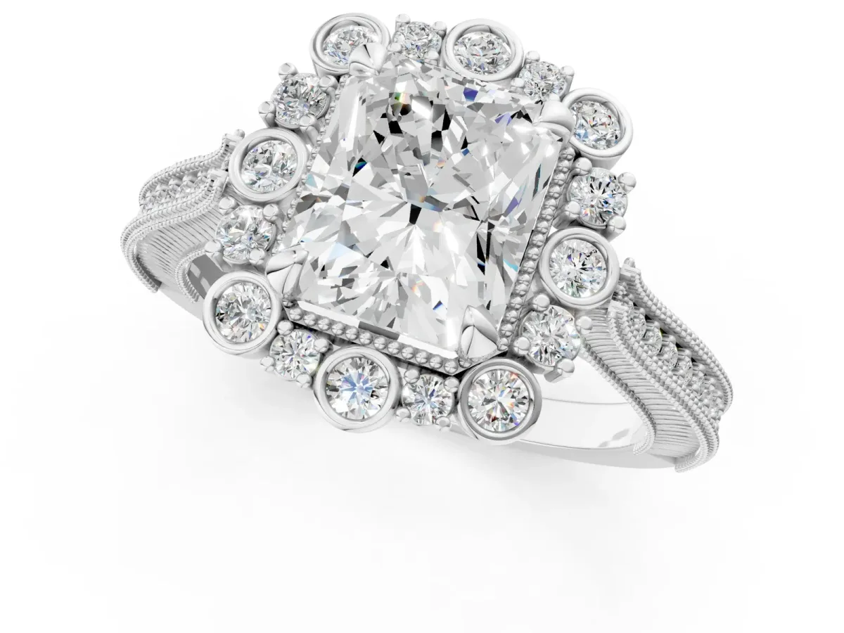 Radiant Cut Halo Milgrain Pave Diamond Ring with Four-Prong Setting Platinum