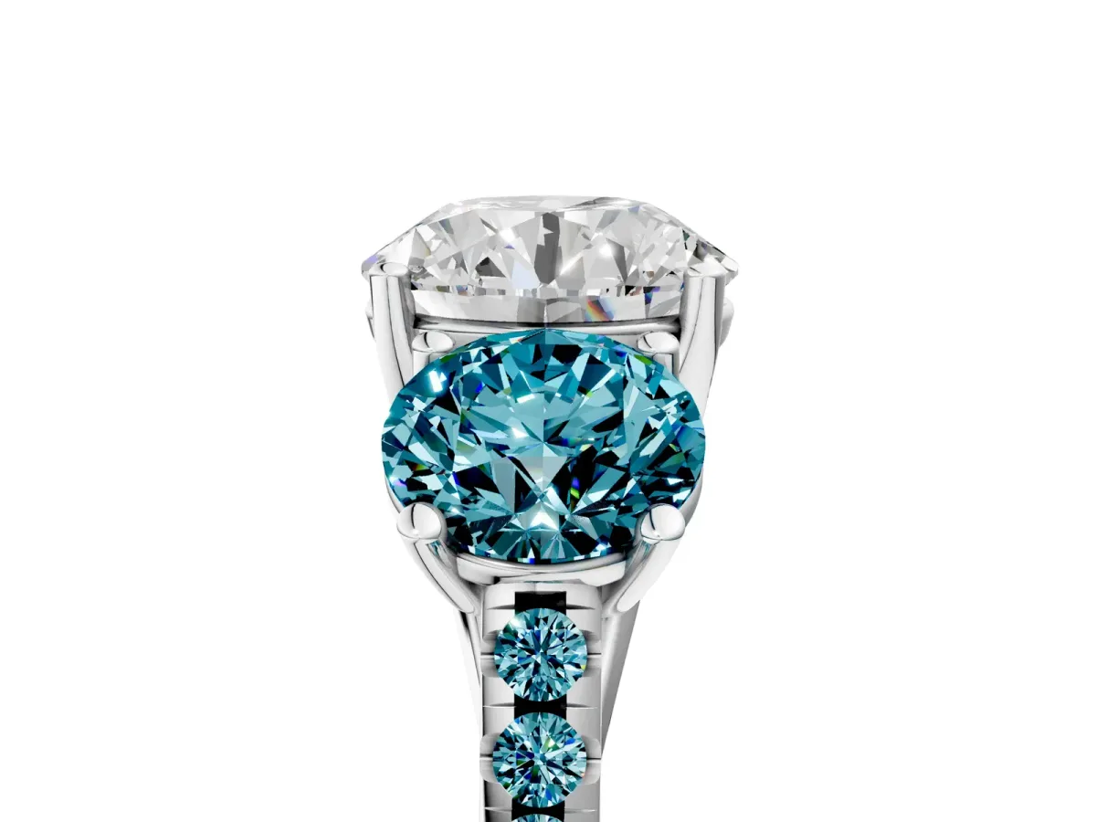 Three-Stone Round Cut Diamond Ring with Round Blue Topaz Pavé Band and Prong Setting Silver