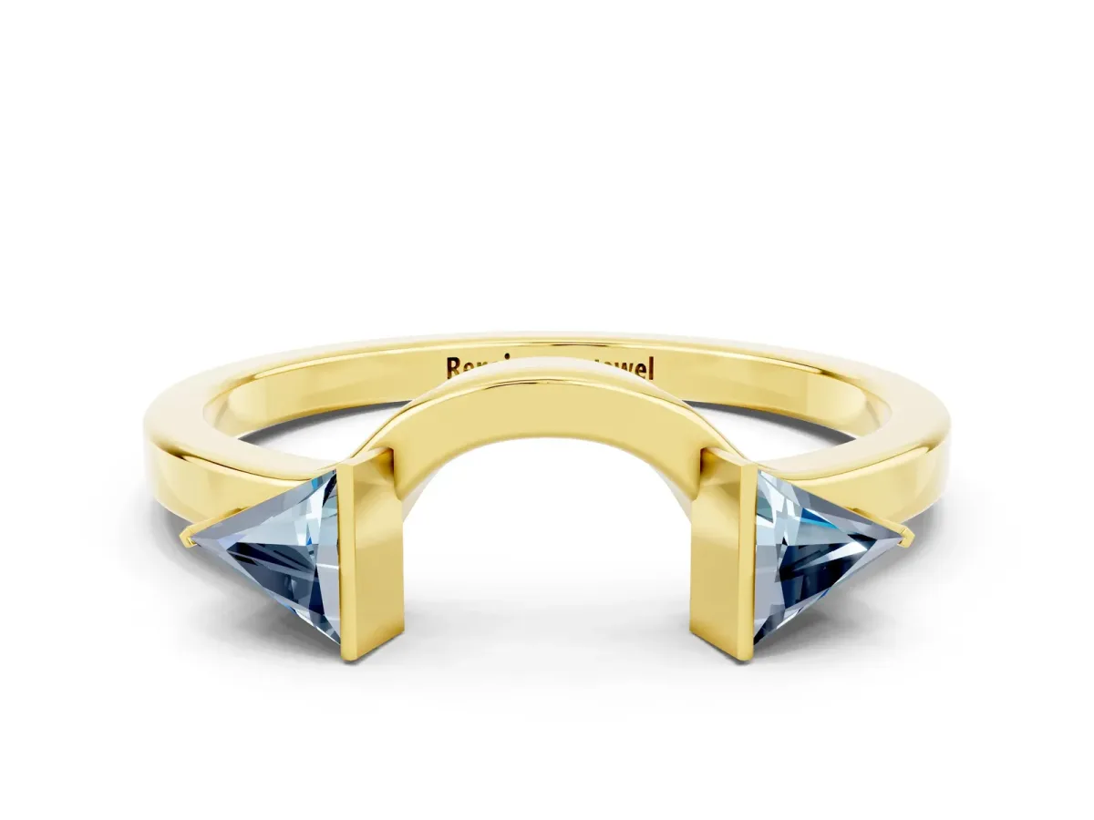 Trillion Aquamarine Open Band Ring with Bezel Setting Yellow gold