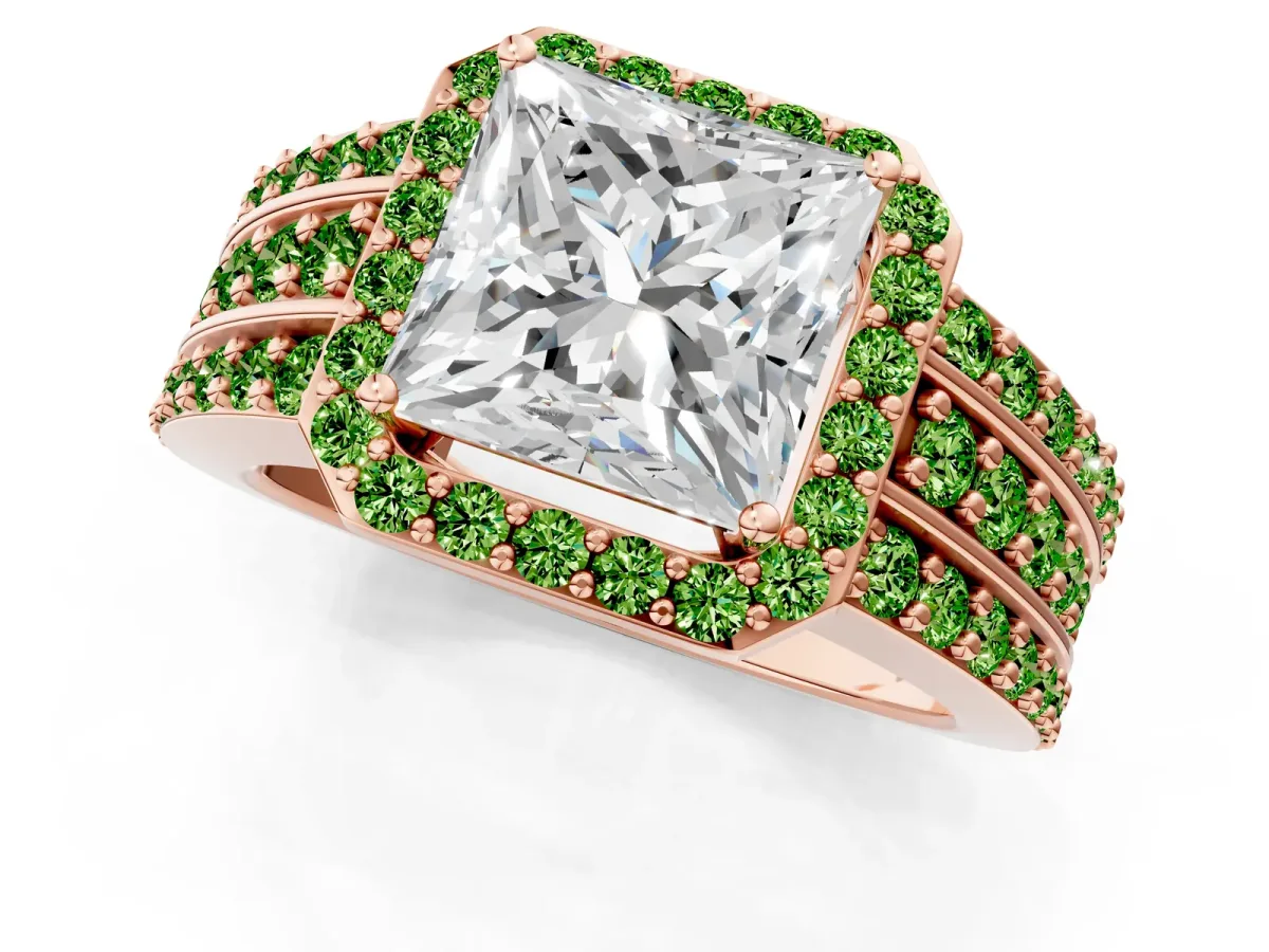 Princess Cut Halo Diamond Ring with Round Peridot Split Shank and Prong Setting Rose gold