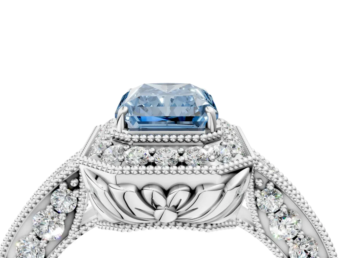 Fancy Blue Radiant Cut Halo Diamond Split Shank Ring with Milgrain Detail Platinum