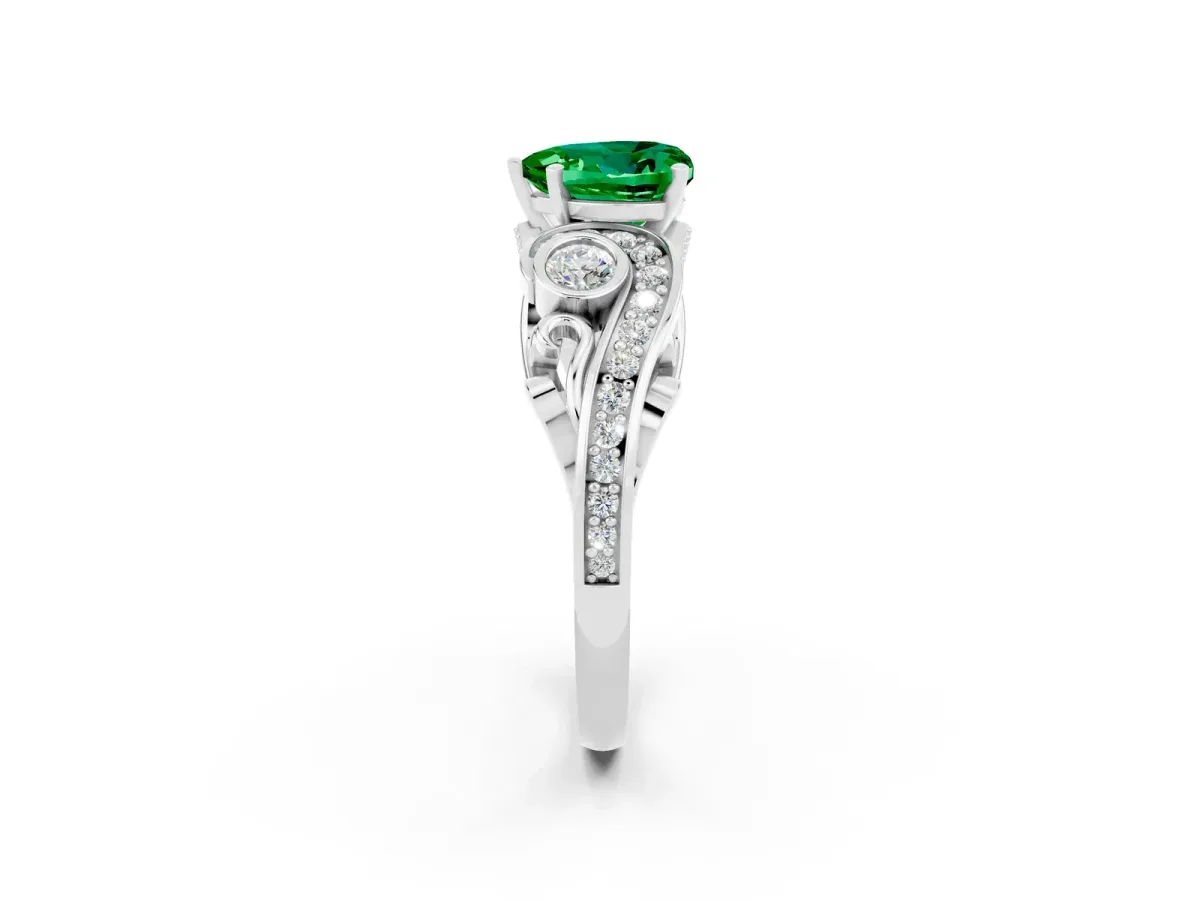 Heart Cut Emerald Solitaire Ring with Milgrain Pavé Band and Four-Prong Setting Silver
