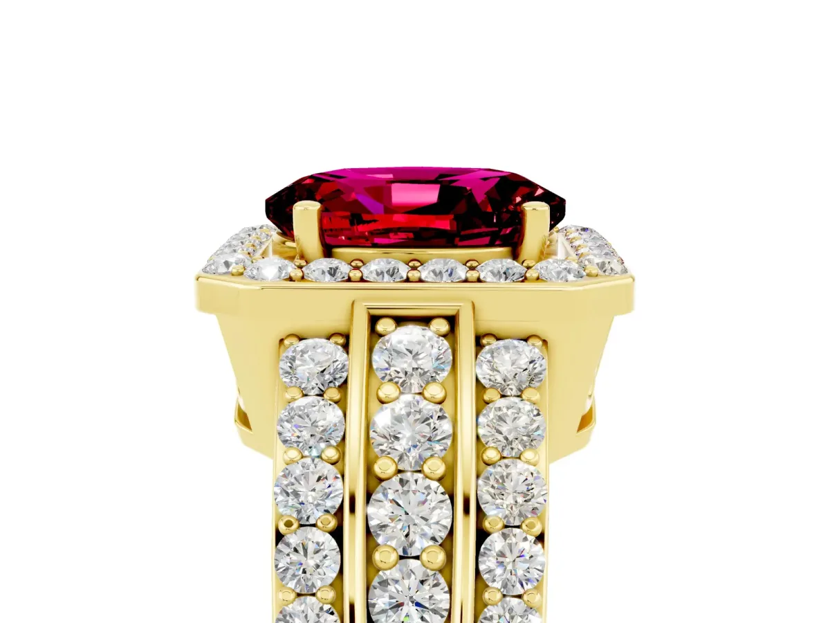 Oval Cut Halo Garnet Ring with Round Split Shank and Prong Setting Yellow gold