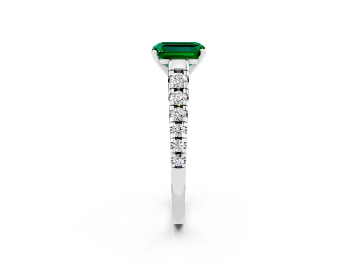Emerald Cut Emerald Cathedral Solitaire Ring with Round Pavé Band White gold