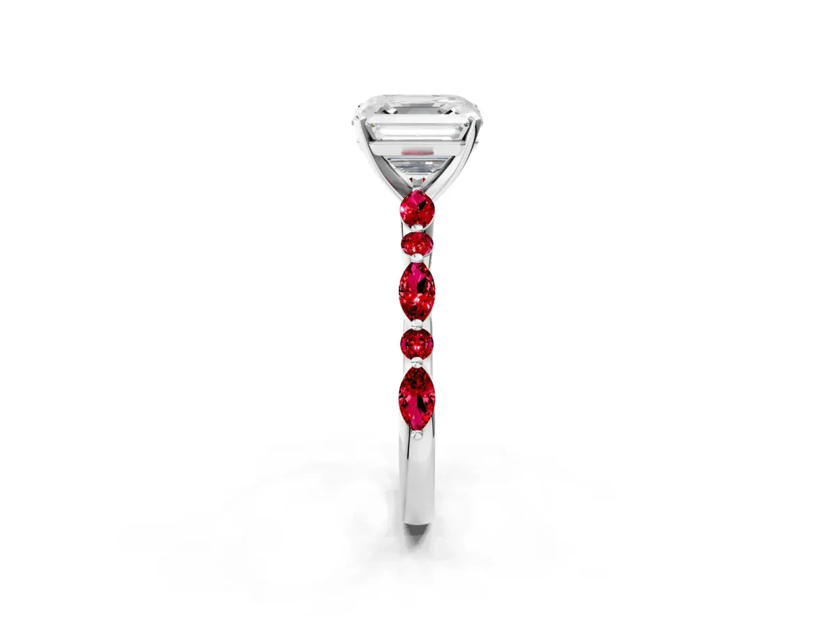 Asscher Cut Diamond Ring with Marquise and Round Ruby Side Stones and Four-Prong Setting White gold