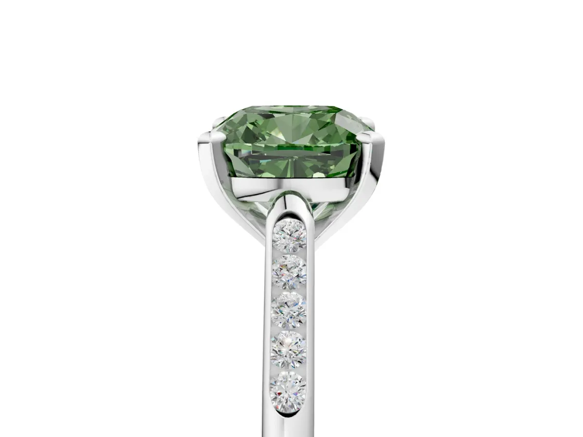 Fancy Green Cushion Cut Diamond Solitaire Ring with Channel Set Round Band and Prong Setting Silver