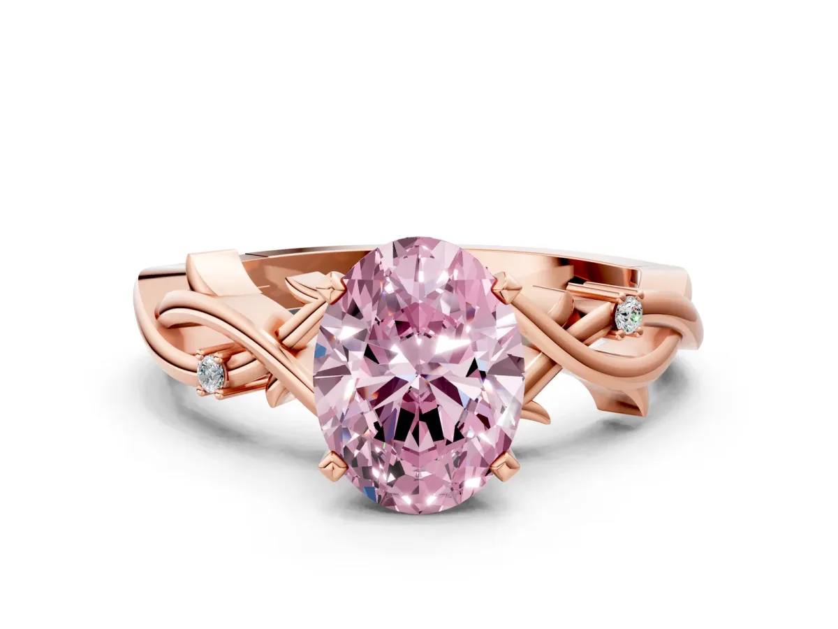 Fancy Pink Oval Cut Diamond Solitaire Ring with Twisted Band and Prong Setting Rose gold