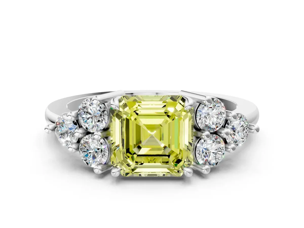 Fancy Yellow Asscher Cut Brilliant Diamond Cluster Accent Solitaire Ring with Prong Setting Platinum