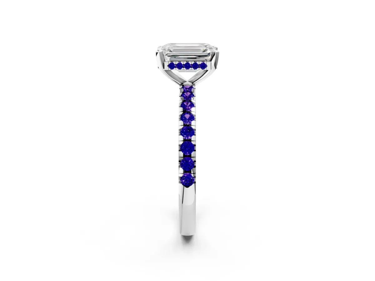 Emerald Cut Diamond Solitaire Ring with Round Tanzanite Pavé Band and Four-Prong Setting Silver