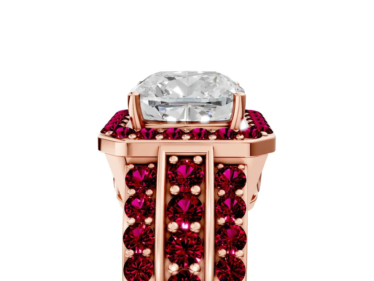 Cushion Cut Halo Diamond Ring with Round Garnet Split Shank and Prong Setting Rose gold
