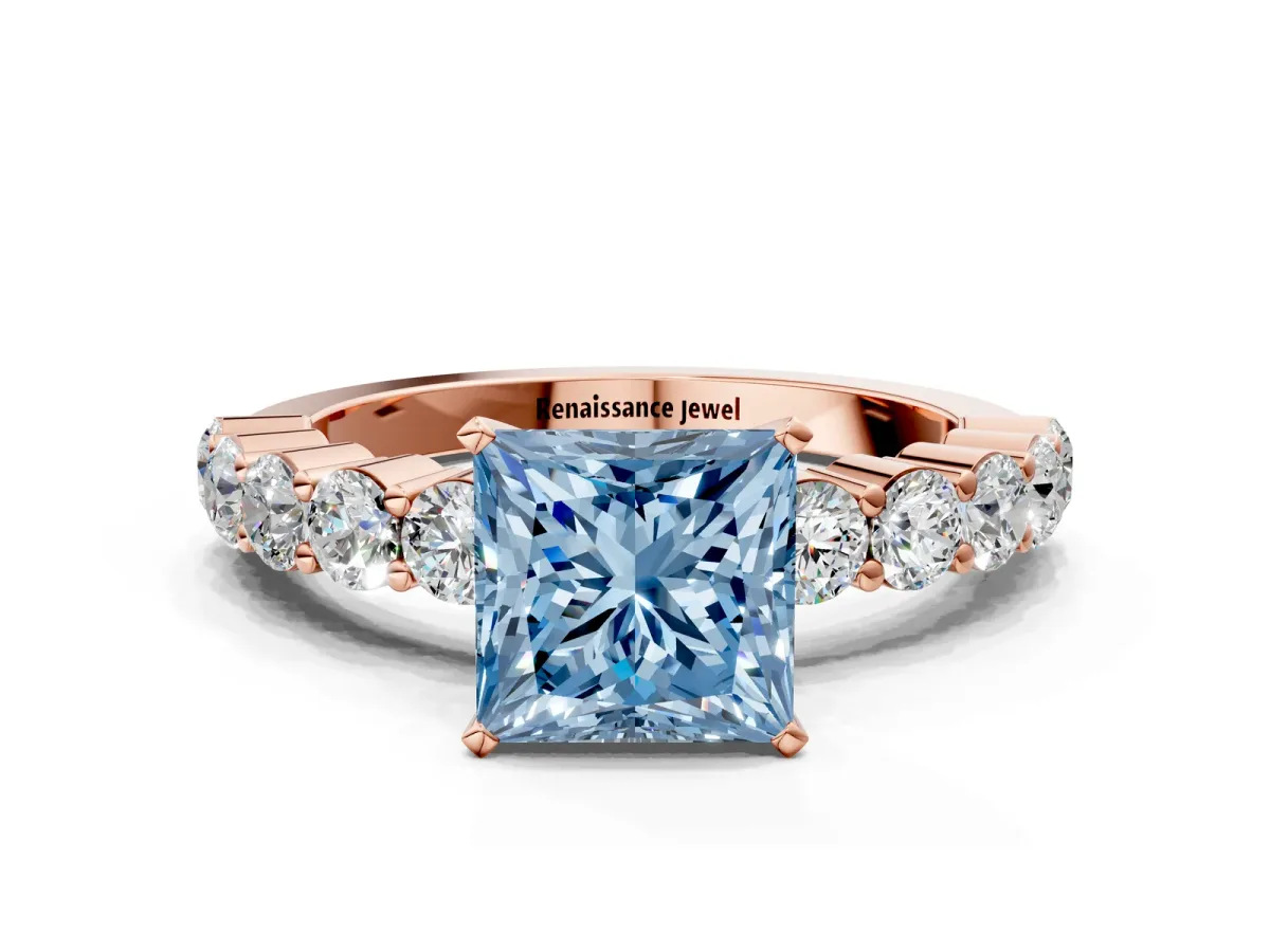Fancy Blue Princess Cut Diamond Solitaire Ring with Shared Prong Round Side Stones Rose gold