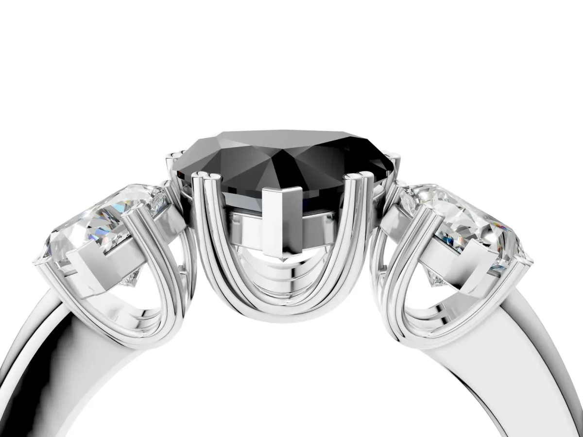 Fancy Black Three-Stone Heart Cut Cut Diamond Ring with Channel Set Band and Four-Prong Setting Silver