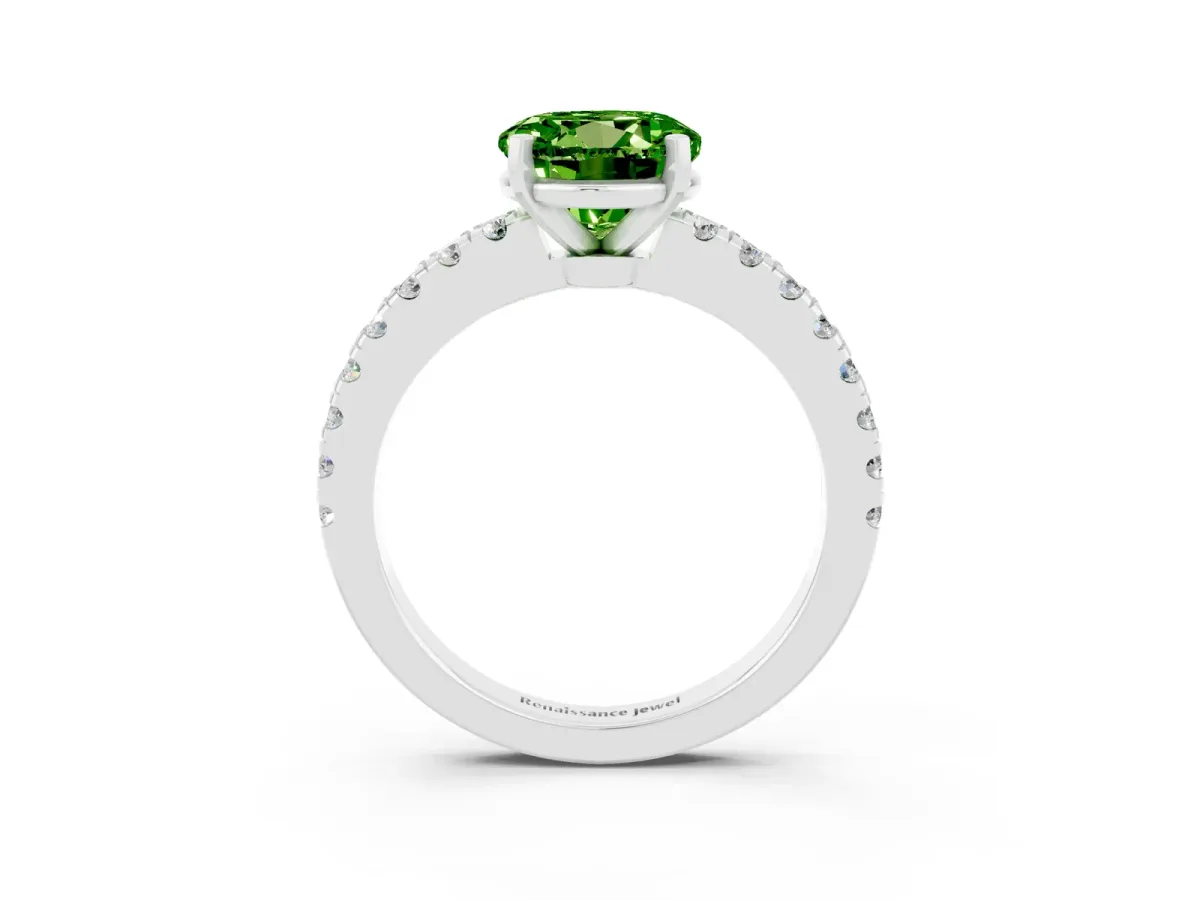 Round Cut Solitaire Peridot with Pavé Band and Four-Prong Setting Platinum
