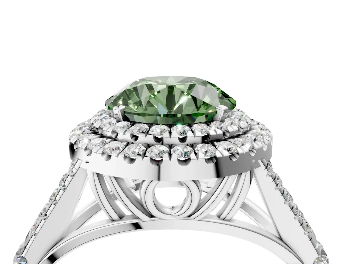 Fancy Green Double Halo Round Cut Diamond Split Shank Engagement Ring with Four-Prong Setting White gold