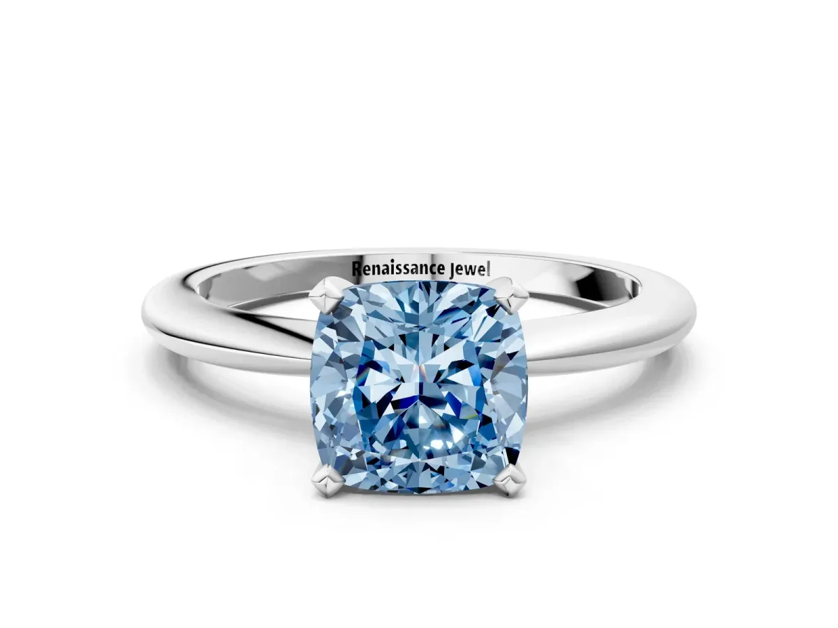 Fancy Blue Cushion Cut Diamond Solitaire Ring with Six-Prong Setting and Classic Band Silver