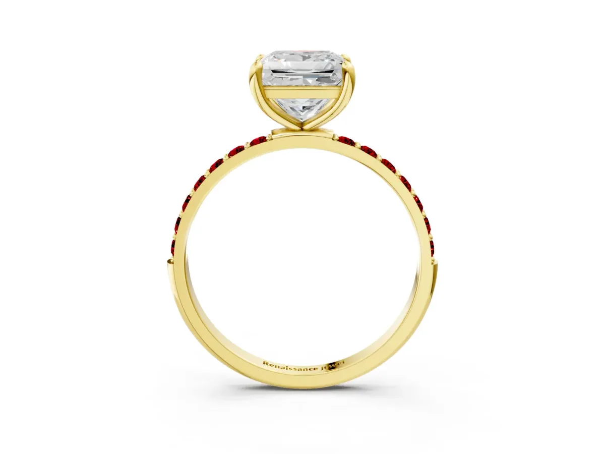 Princess Cut Diamond Solitaire Ring with Round Ruby Pavé Band and Prong Setting Yellow gold