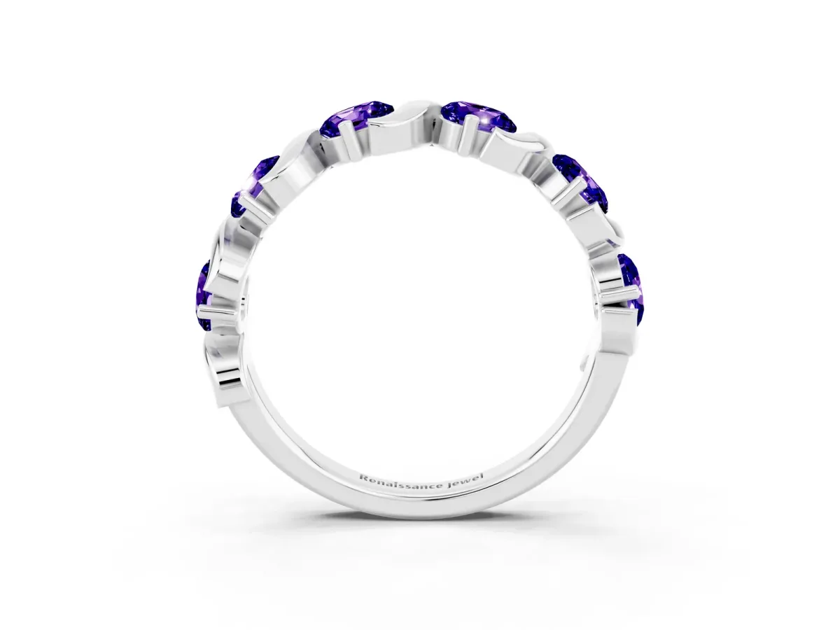 Six-Stone Round Tanzanite Wave Band with Shared Prong Setting White gold