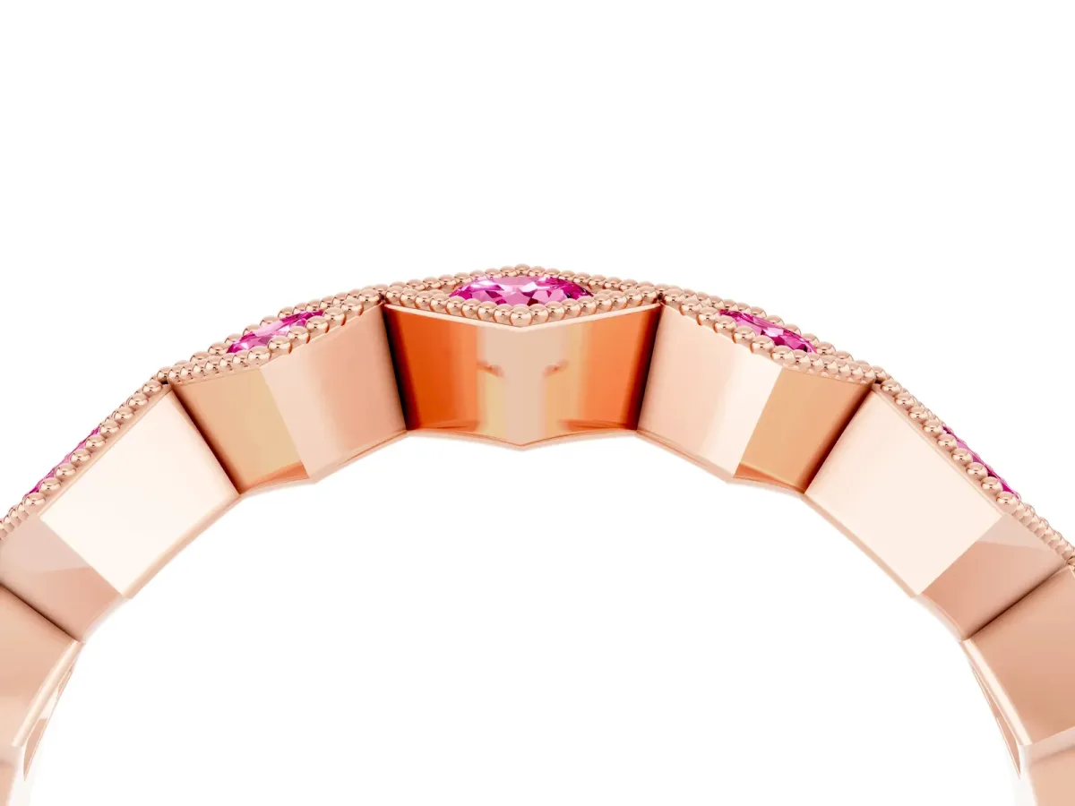 Milgrain Square Bezel Round Pink Sapphire Chevron Band Rose gold