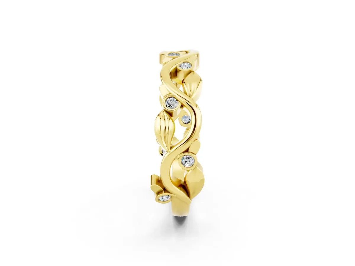 Round Moissanite Leaf Eternity Band with Bezel Setting Yellow gold
