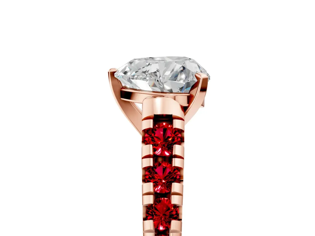 Heart Cut Diamond Cathedral Solitaire Ring with Round Ruby Pavé Band Rose gold