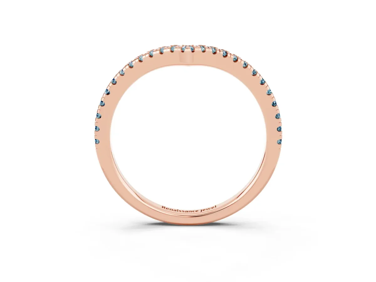 Pavé Round Aquamarine V-Shaped Chevron Band with Shared Prong Setting Rose gold