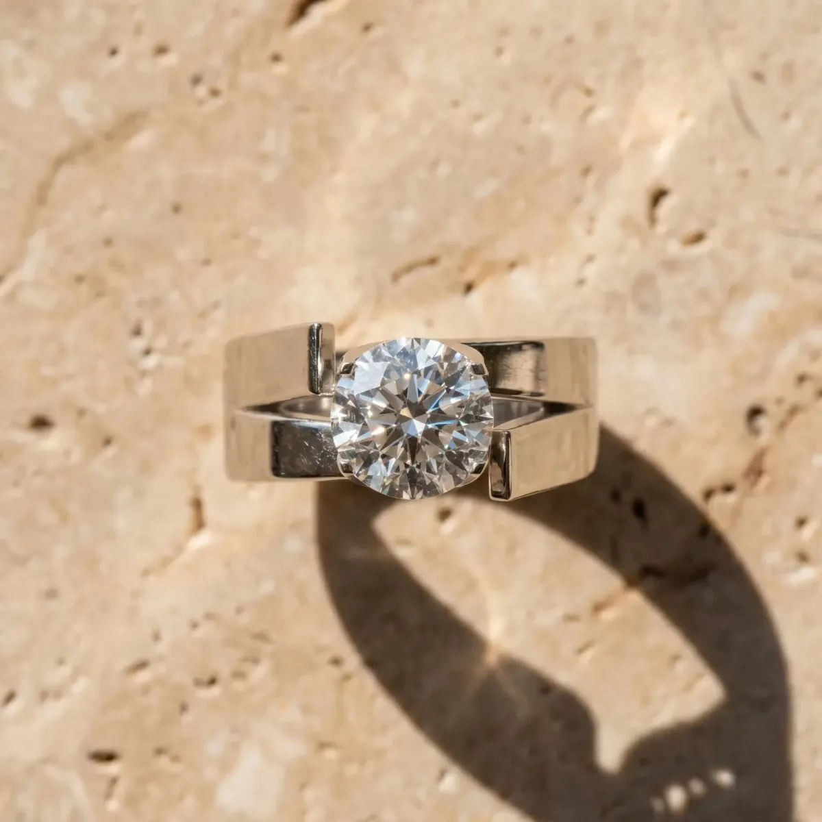 Modern Tension Set Round Cut Diamond Solitaire Wide Band Ring Silver