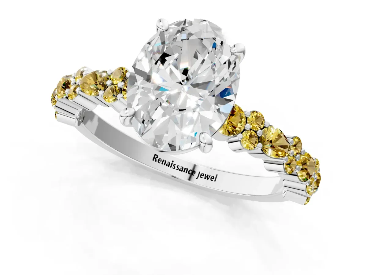 Oval Cut Diamond Side Stone Solitaire Ring with Round Yellow Sapphire and Four-Prong Setting Silver