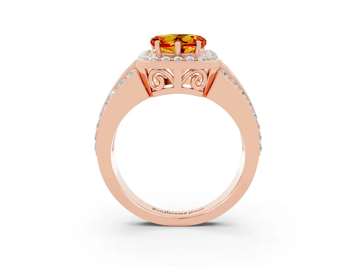 Heart Cut Halo Citrine Ring with Round Split Shank and Prong Setting Rose gold