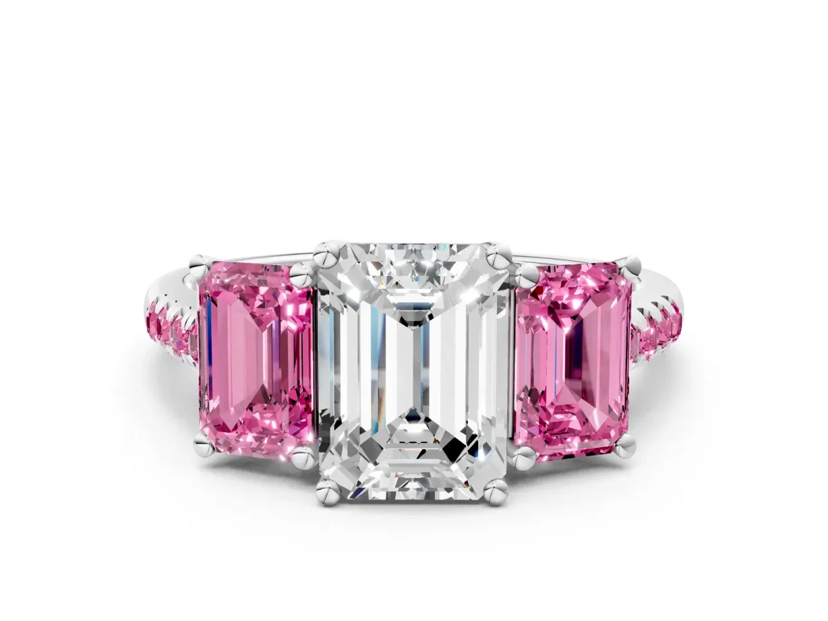 Three-Stone Emerald Cut Diamond Ring with Round Pink Sapphire Pavé Band and Prong Setting Silver