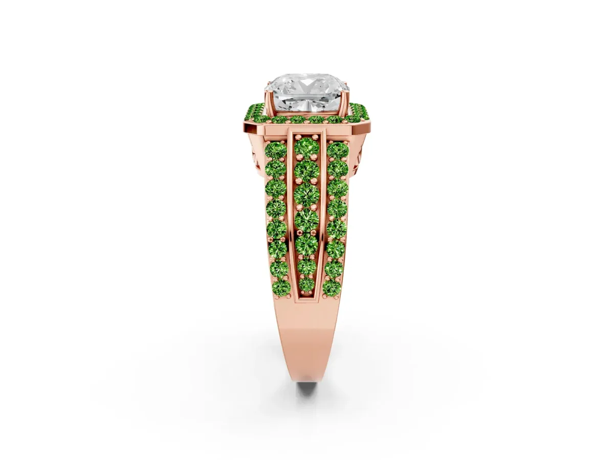 Cushion Cut Halo Diamond Ring with Round Peridot Split Shank and Prong Setting Rose gold