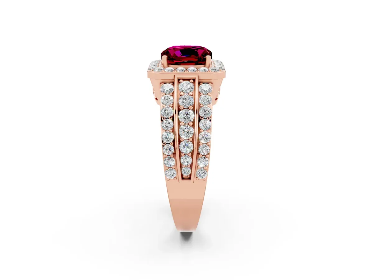 Cushion Cut Halo Garnet Ring with Round Split Shank and Prong Setting Rose gold