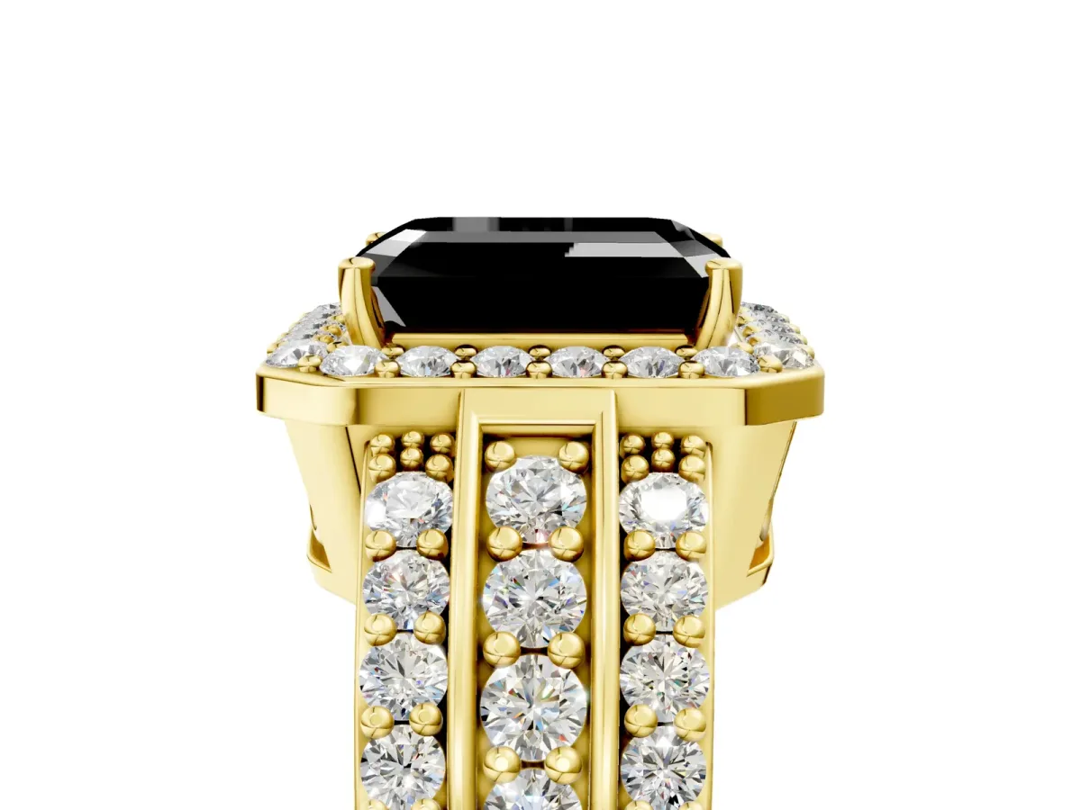 Fancy Black Emerald Cut Halo Diamond Ring with Round Split Shank and Prong Setting Yellow gold