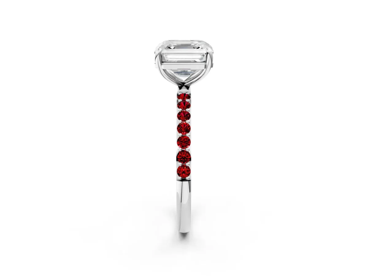 Asscher Cut Diamond Solitaire Ring with Round Ruby Pavé Band and Prong Setting White gold