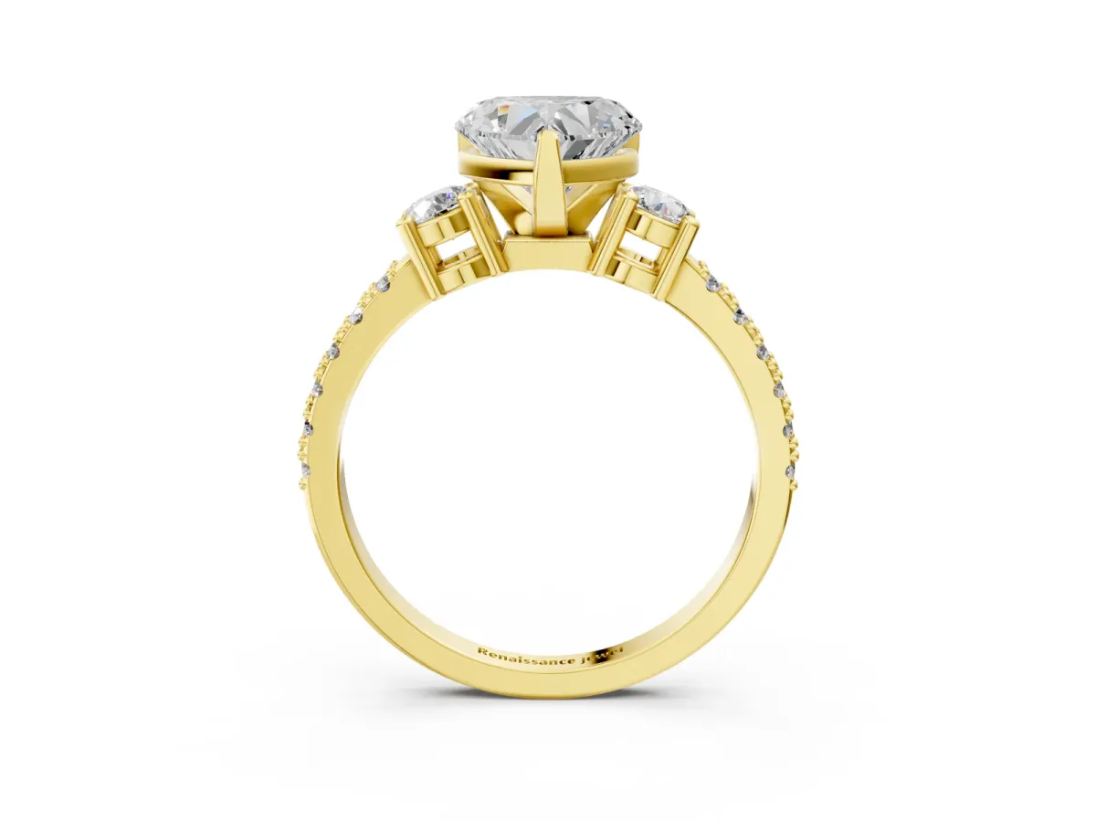 Heart Cut Cut Three-Stone Diamond Pavé Band with Prong Setting Yellow gold