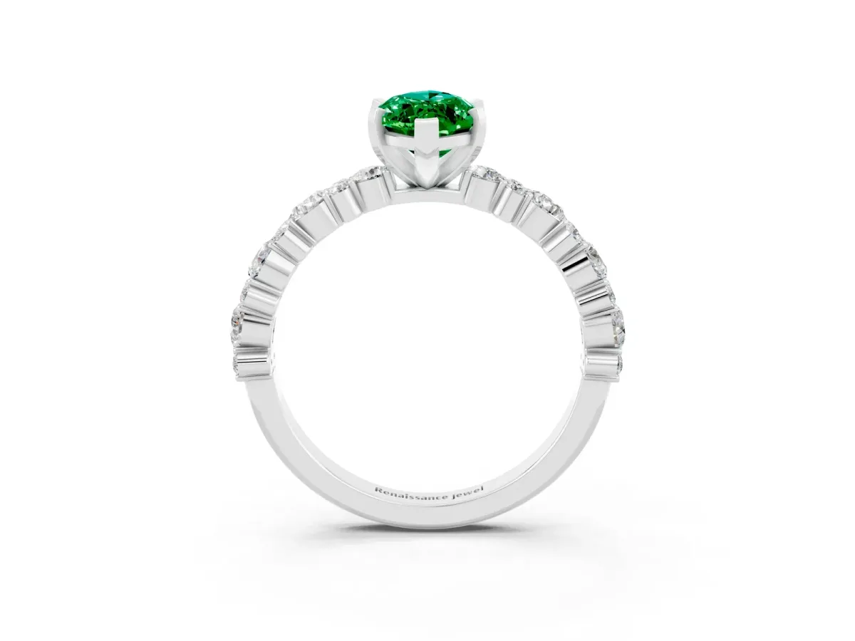 Marquise Cut Emerald Side Stone Solitaire Ring with Round and Four-Prong Setting Silver