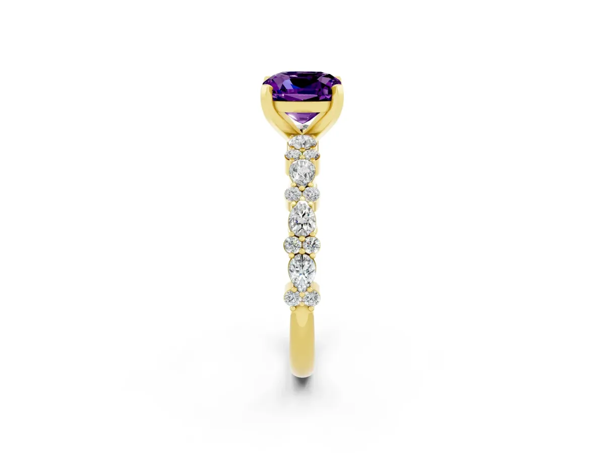 Cushion Cut Amethyst Side Stone Solitaire Ring with Round and Four-Prong Setting Yellow gold