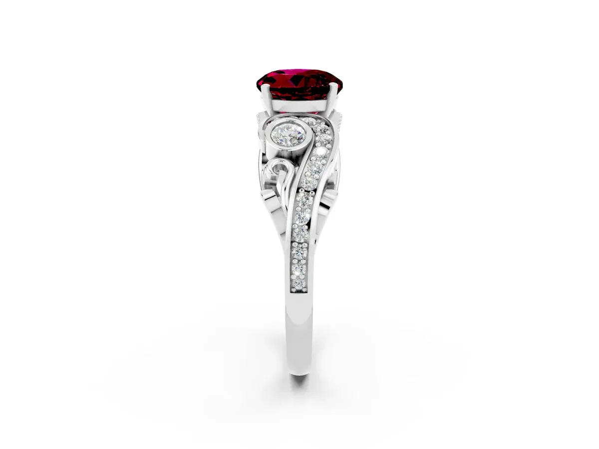 Round Cut Garnet Solitaire Ring with Milgrain Pavé Band and Four-Prong Setting Silver