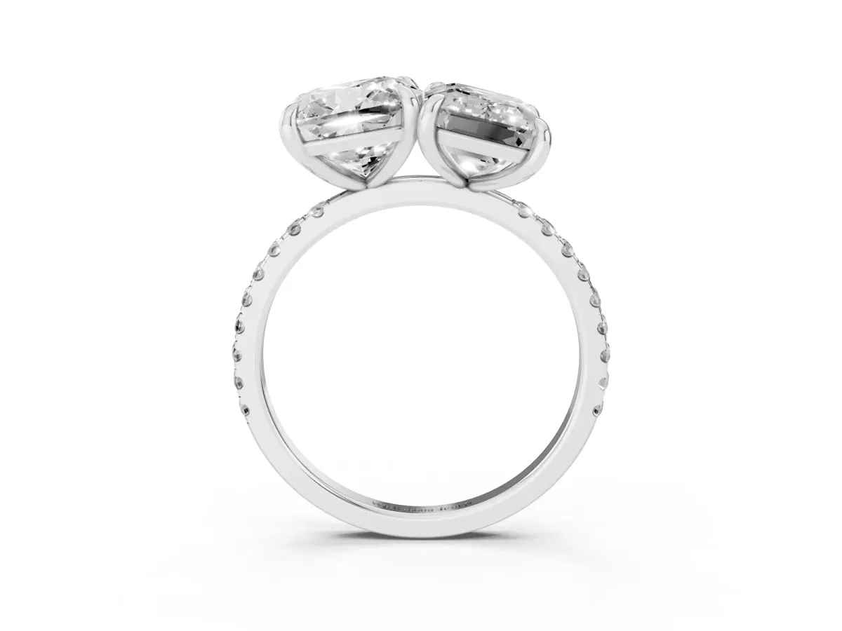 Cushion and Emerald Toi Moi Ring with Prong Setting and Pave Band Platinum