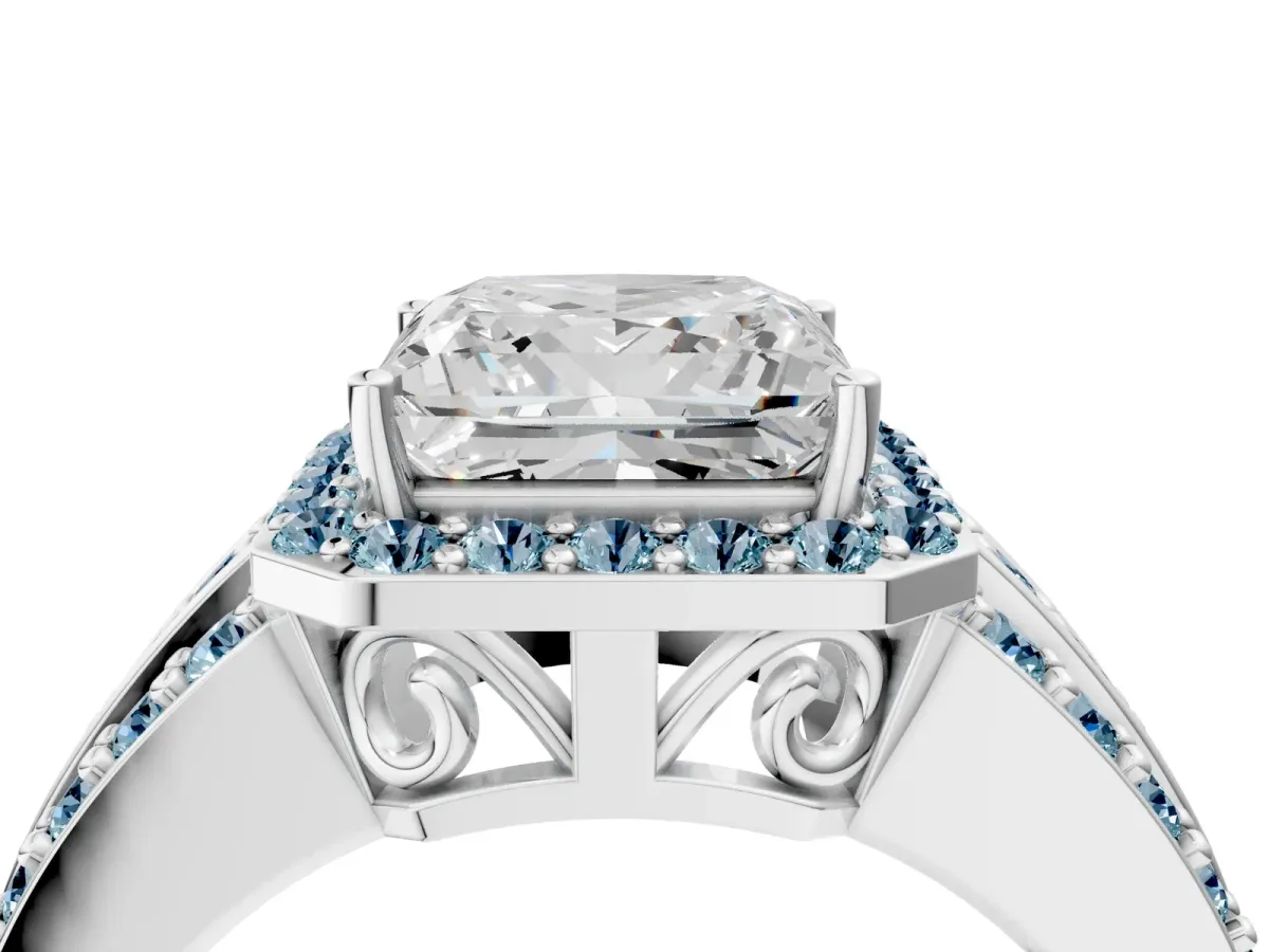 Princess Cut Halo Diamond Ring with Round Aquamarine Split Shank and Prong Setting Silver