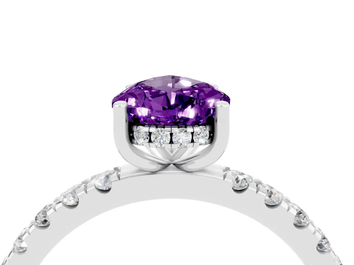 Pear Cut Amethyst Pave Band Solitaire Ring with Round and Prong Setting White gold