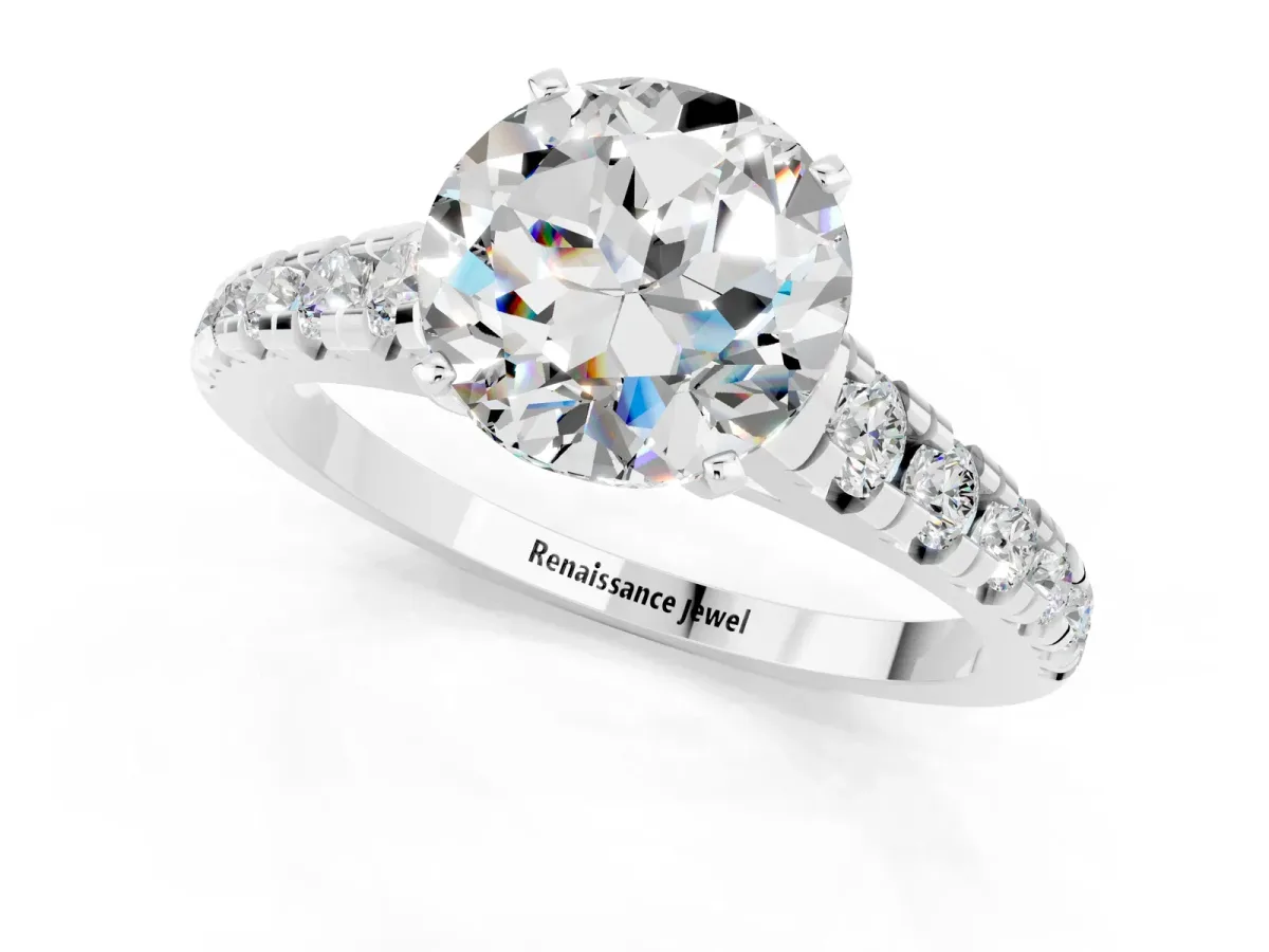 Round Cut Moissanite Cathedral Solitaire Ring with Round Pavé Band Silver