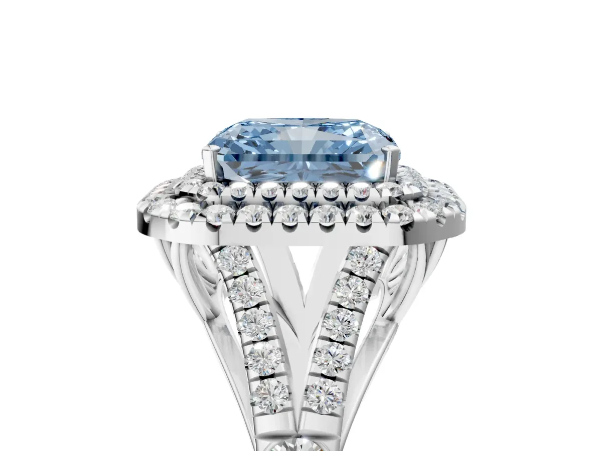 Fancy Blue Radiant Cut Cut Double Halo Split Shank Diamond Ring with Prong Setting Platinum