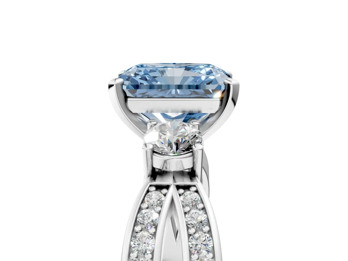 Fancy Blue Three-Stone Radiant Cut Cut Diamond Twist Band with Prong Setting Platinum