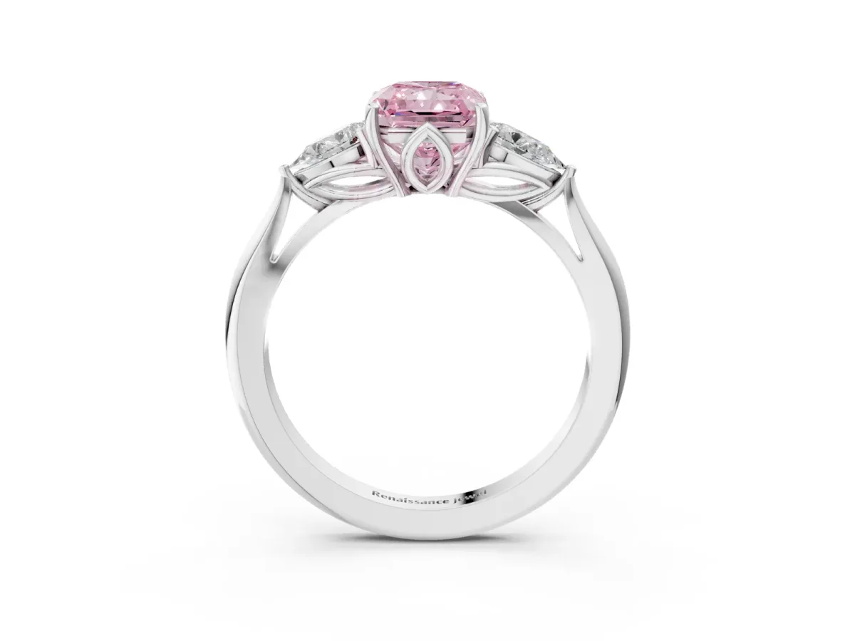 Fancy Pink Three-Stone Radiant Cut Diamond Ring with Pear Side Stones in Four-Prong Setting Platinum
